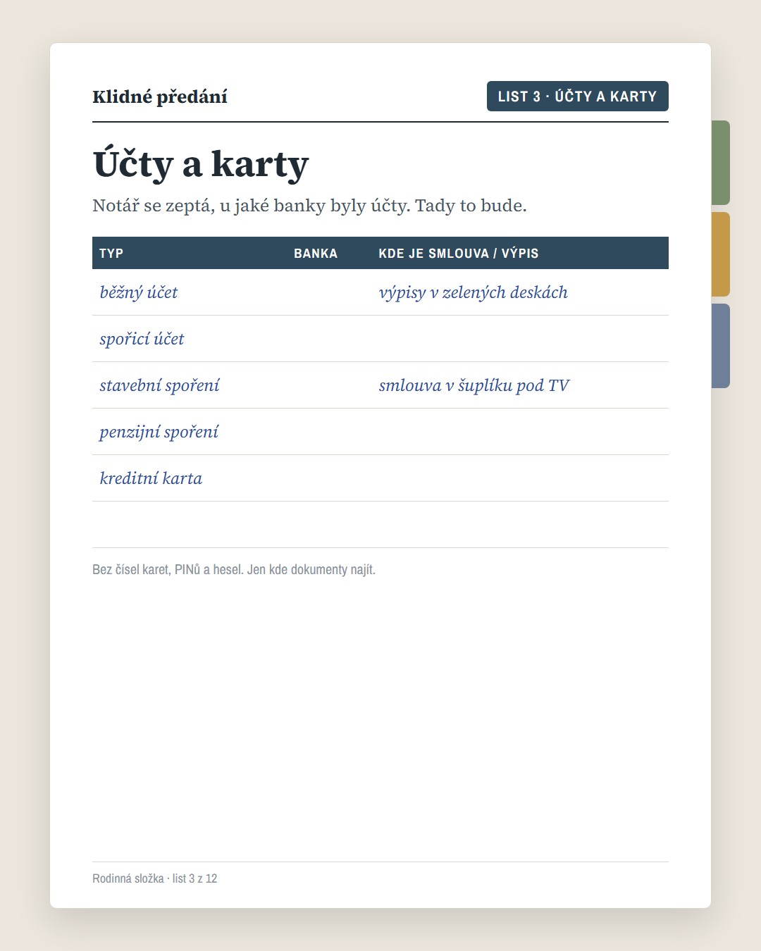 Vyplňovací list „Účty a karty“